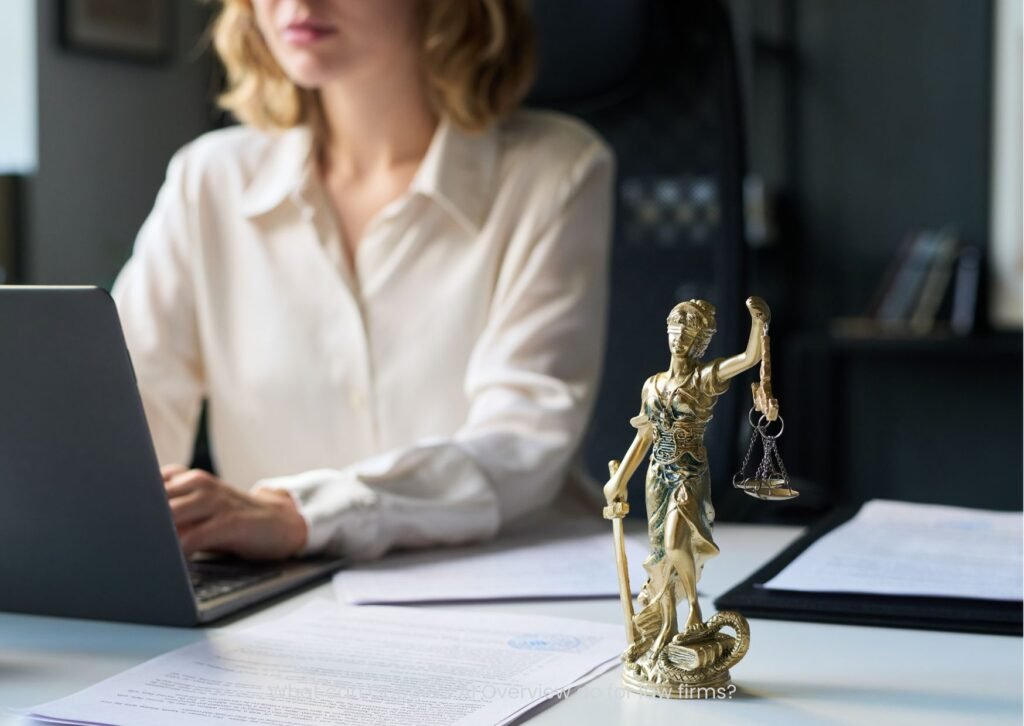 woman sitting at laptop, justitia, lady of justice, lawyer marketing agency