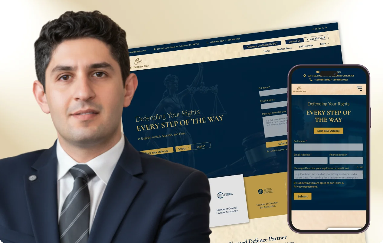 face of a young lawyer, wearing a tie, mobile screen, every step of the way, desktop screen, legal marketing agency