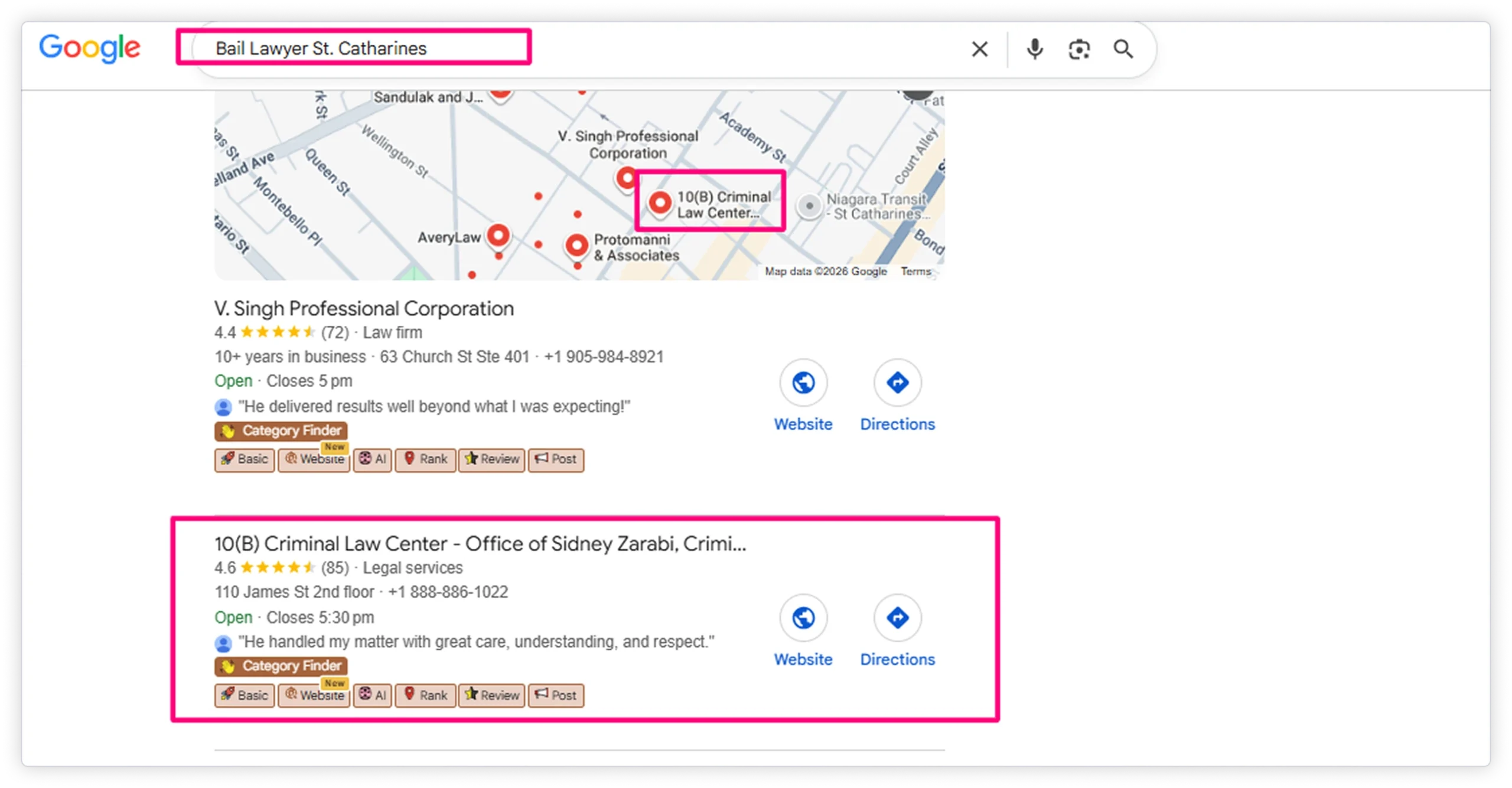 Google local search result for criminal lawyer St. Catharines