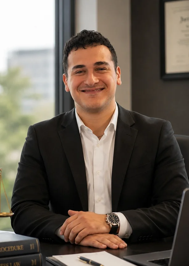 man, clean shaven, smiling, hands crossed, watch, black coat, eddie, law firm digital marketing agency