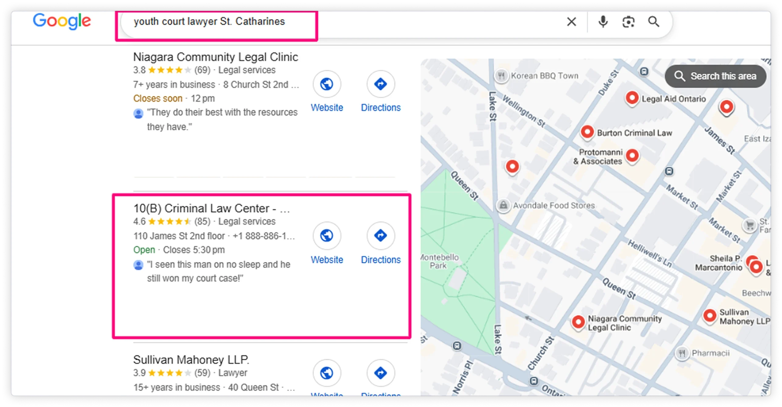 Google local search result for youth court lawyer St. Catharines
