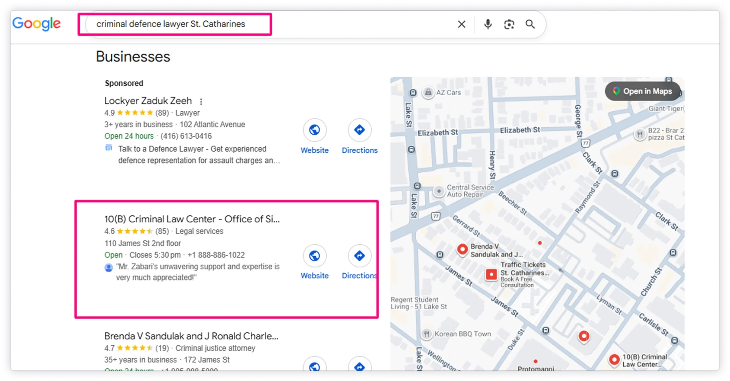 Google local result for criminal defence lawyer St. Catharines
