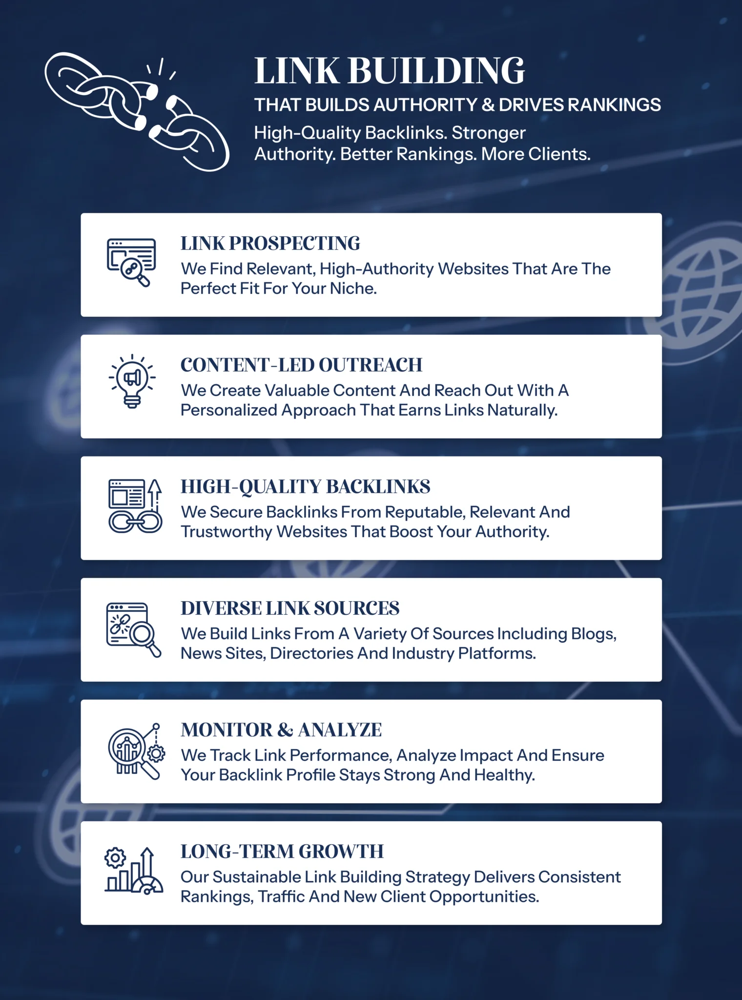 link building, broken chain, blue and white infographic, immigration law marketing