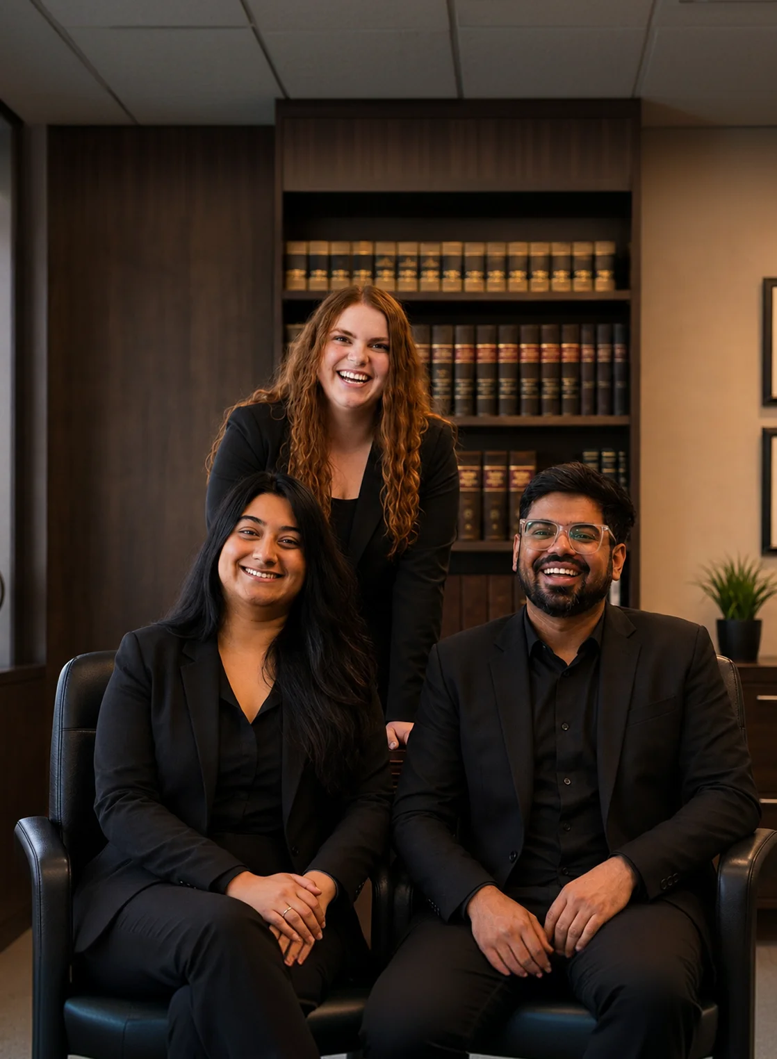 Lawagenz team, three people wearing black, smiling, law books on the shelf in the background, law firm digital marketing agency