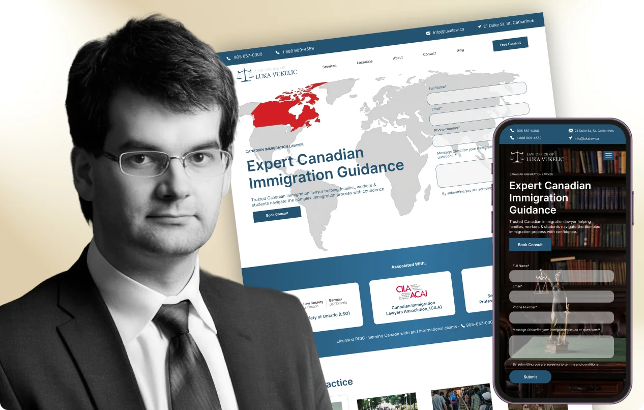 Luka Vukelic, luka law, SEO for immigration lawyers, expert canadian immigration guidance, mobile phone, red color canadian subcontinent, world map