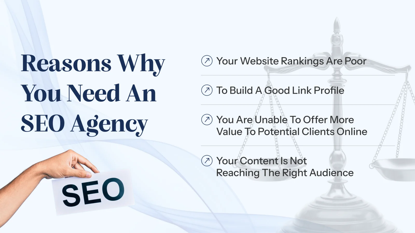 blue square banner, hand holding seo sign, reasons why you need an seo agency, law firm seo agency