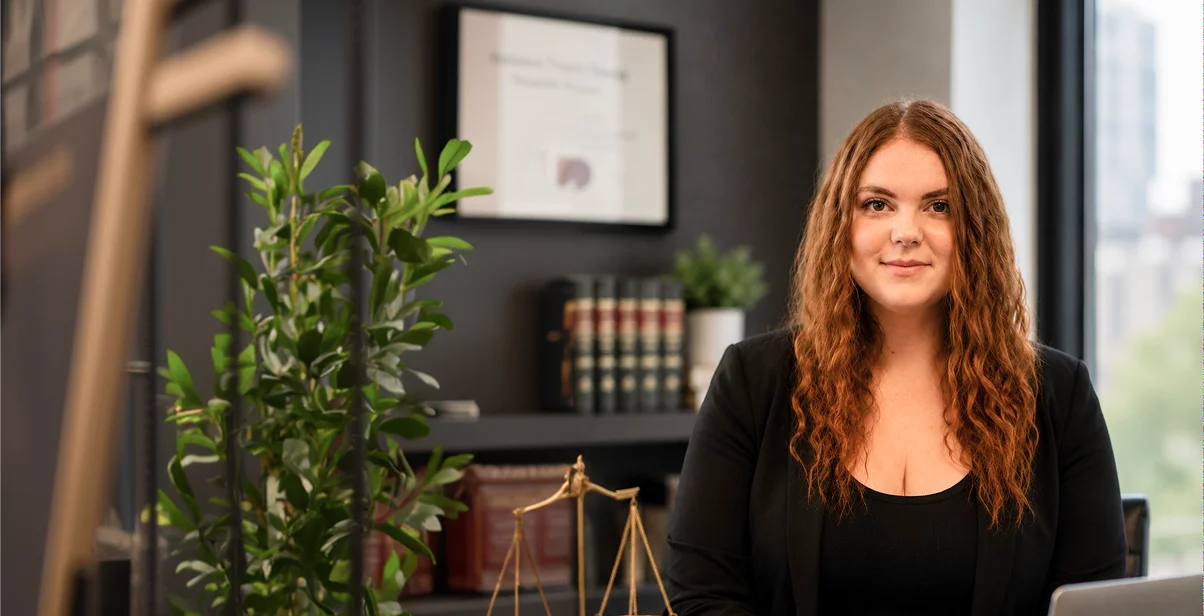 blond hair lady in black dress, law books background, law firm digital marketing agency