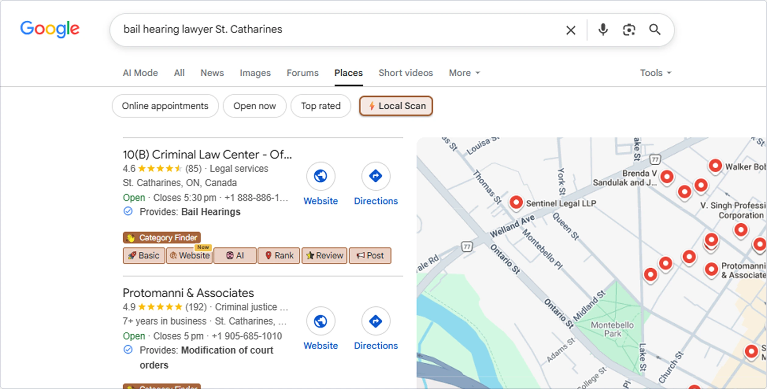 Google local search result for bail hearing lawyer St. Catharines