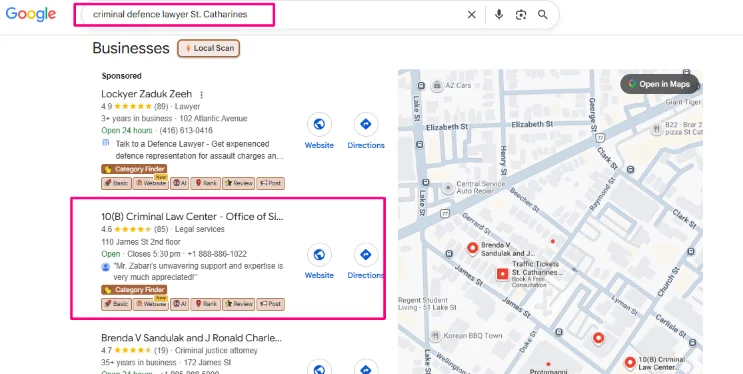 criminal defence lawyer st catherines, 10(b) criminal law center, maps, office of sidney zarabi, criminal law marketing agency