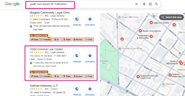 youth court lawyer st catherines, 10(b) criminal law center, maps, office of sidney zarabi, criminal law marketing agency